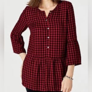 J. Jill  red black gingham plaid tunic blouse Small Petite